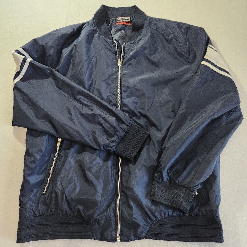 LON NYC Across The Pond Mens Navy Bomber Jacket with White Sleeve Stripes Size L